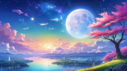 landscape background,fantasy landscape,moon and star background,fantasy picture,unicorn background,dream world,fairy world,rainbow and stars,fairy galaxy,dusk background,dreamland,lunar landscape,children's background,background colorful,background images,hanging moon,celestial event,fantasy world,colorful background,celestial phenomenon,Illustration,Realistic Fantasy,Realistic Fantasy 01