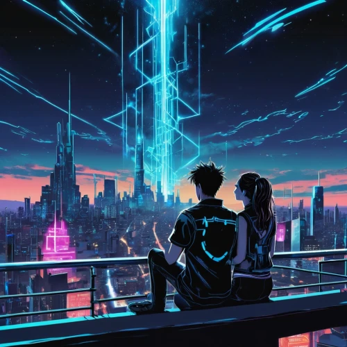 above the city,cyberpunk,cityscape,city lights,connections,cyber,citylights,neon lights,sci fiction illustration,connection,connected,electronic,city skyline,connecting,rooftop,cg artwork,rooftops,city view,neon light,dusk background,Conceptual Art,Daily,Daily 24