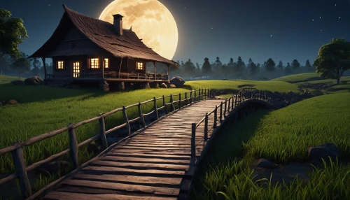 home landscape,moonlit night,lonely house,little house,witch's house,summer cottage,wooden path,small cabin,landscape background,wooden house,hanging moon,fantasy landscape,cartoon video game background,night scene,fantasy picture,moonlit,salt meadow landscape,adventure game,small house,beautiful home,Photography,General,Realistic