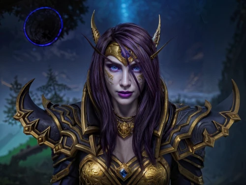 violet head elf,dark elf,blue enchantress,sterntaler,custom portrait,twitch icon,portrait background,undead warlock,purple background,sorceress,purple and gold,horn of amaltheia,mezzelune,purple skin,eufiliya,druid,kadala,jaya,gara,mara