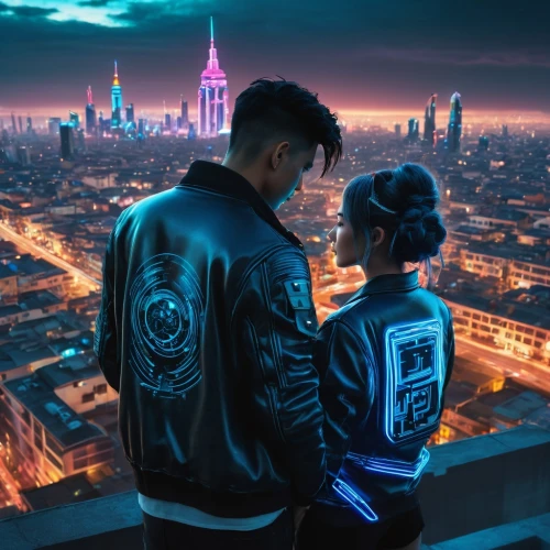 above the city,cyberpunk,jacket,couple goal,city lights,neon lights,city youth,futuristic,80s,cg artwork,spotify icon,shanghai,hd wallpaper,dystopian,denim jacket,dusk background,neon ghosts,would a background,future,citylights,Photography,General,Fantasy