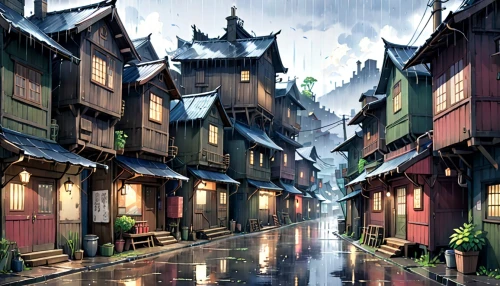 wooden houses,medieval street,medieval town,fantasy city,rainy,half-timbered houses,narrow street,asian architecture,alleyway,alley,world digital painting,hanging houses,rainy day,old town,bukchon,knight village,rainy season,old city,chinese architecture,townhouses,Anime,Anime,Realistic