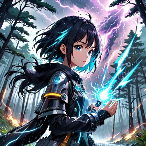 cg artwork,lightning,lightning bolt,meteora,kayano,swordswoman,monsoon banner,lightning strike,nori,erika,nico,ganai,sword lily,himuto,lightning storm,morgan,electric arc,lightsaber,aqua,thunderbolt,Anime,Anime,Traditional