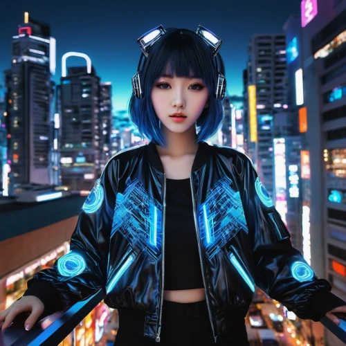 futuristic,cyberpunk,cyber,neon light,aura,scifi,taipei,electric blue,hong,shanghai,cyber glasses,blue light,persona,azure,tokyo,neon lights,electric,osaka,cyberspace,bolero jacket,Illustration,Realistic Fantasy,Realistic Fantasy 07