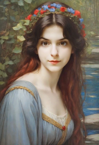 rusalka,emile vernon,mystical portrait of a girl,portrait of a girl,fantasy portrait,girl on the river,girl in the garden,young woman,bouguereau,lilian gish - female,artemisia,flora,girl in flowers,faery,faerie,the magdalene,romantic portrait,water nymph,young lady,fae,Digital Art,Classicism