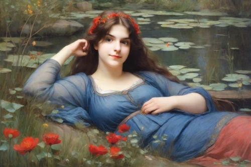 girl in the garden,bouguereau,girl on the river,rusalka,girl in flowers,bougereau,girl picking flowers,la violetta,water nymph,flora,portrait of a girl,the magdalene,girl lying on the grass,young woman,woman at the well,the blonde in the river,artemisia,emile vernon,fiori,idyll,Digital Art,Impressionism