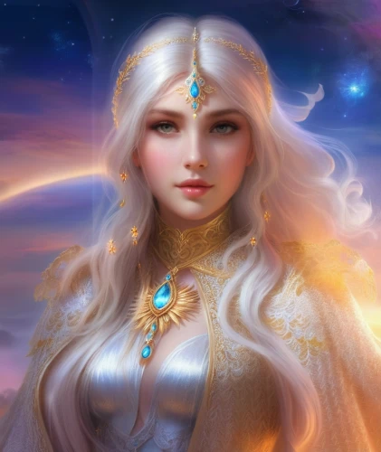 fantasy portrait,zodiac sign libra,fantasy art,fantasy picture,aurora,libra,star mother,fantasy woman,mystical portrait of a girl,priestess,opal,constellation unicorn,fantasia,zodiac sign gemini,elsa,elven,golden crown,sorceress,celestial,cg artwork,Illustration,Realistic Fantasy,Realistic Fantasy 01