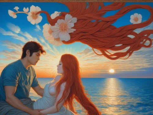 romantic scene,redheads,loving couple sunrise,fantasy picture,little mermaid,romantic portrait,red-haired,honeymoon,the wind from the sea,idyll,art painting,love in air,young couple,sea breeze,fantasy art,oil painting on canvas,passion bloom,sun and moon,sun and sea,oriental longhair,Photography,Artistic Photography,Artistic Photography 07