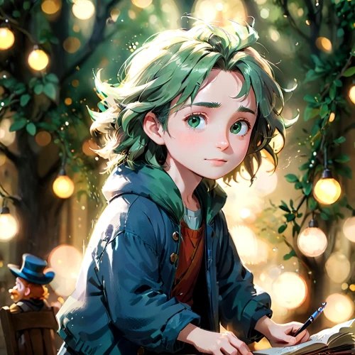 fae,child with a book,child fairy,acerola,child portrait,forest clover,child in park,fairy tale character,kids illustration,little girl reading,emerald,violet evergarden,fireflies,game illustration,illustrator,elf,little kid,little child,cg artwork,baby elf,Anime,Anime,Cartoon