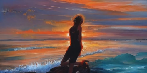 man at the sea,mermaid silhouette,world digital painting,digital painting,exploration of the sea,sun salutation,girl on the dune,the horizon,woman silhouette,god of the sea,silhouette of man,surfer,sea god,standing man,surfers,mermaid background,yoga silhouette,meditation,guiding light,oil painting,Illustration,Paper based,Paper Based 04