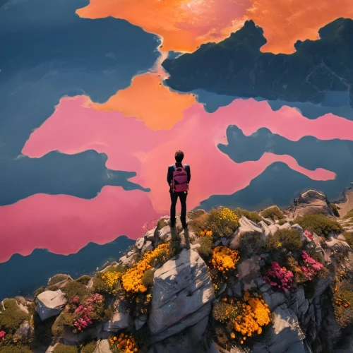 chasm,acid lake,color fields,free land-rose,lava,world digital painting,badlands,ipê-rosa,panoramical,sky,flowerful desert,barren,pink dawn,fall from the clouds,art background,red sky,colorful background,dusk background,sky rose,digital art,Unique,Design,Knolling