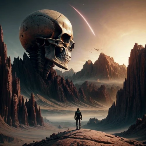 alien planet,sci fiction illustration,barren,world digital painting,dead earth,death's head,alien world,fantasy picture,dune,human skull,valley of death,desert planet,futuristic landscape,sci fi,fantasy art,space art,atlas,full hd wallpaper,cg artwork,traveller