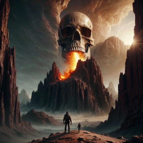 valley of death,apocalypse,dead earth,sci fiction illustration,death's head,fantasy picture,scorched earth,photomanipulation,burning earth,guards of the canyon,apocalyptic,fantasy art,door to hell,photo manipulation,desolation,the grave in the earth,the end of the world,photoshop manipulation,life after death,alien planet