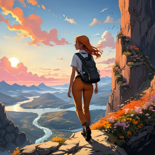 wander,world digital painting,wanderer,canyon,mountain guide,adventurer,traveler,meteora,chasm,hiker,the wanderer,elphi,mountain sunrise,rosa ' amber cover,alpine crossing,summer evening,the spirit of the mountains,hike,alpine sunset,fantasy picture,Unique,Design,Character Design