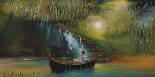 boat landscape,oil painting on canvas,canoe,fantasy picture,backwaters,fishing float,world digital painting,row boat,cave on the water,canoes,long-tail boat,oil painting,adrift,oil on canvas,dugout canoe,fishing boat,fantasy landscape,gondolas,fantasy art,water boat,Illustration,Paper based,Paper Based 04