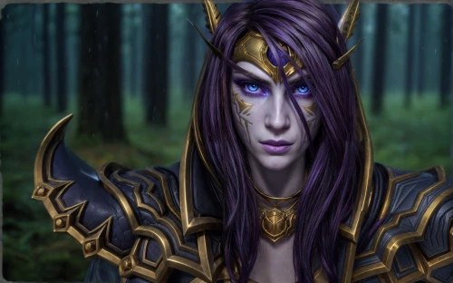 violet head elf,dark elf,male elf,sterntaler,druid,female warrior,druid grove,blue enchantress,elven forest,portrait background,northrend,lavendar,sorceress,purple background,purple and gold,elven,massively multiplayer online role-playing game,monsoon banner,horn of amaltheia,purple skin