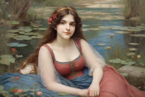 girl on the river,emile vernon,rusalka,girl in the garden,the blonde in the river,water nymph,bouguereau,young woman,girl in flowers,girl in a long dress,portrait of a girl,bougereau,the magdalene,la violetta,bibernell rose,flora,young lady,romantic portrait,asher durand,girl picking flowers,Digital Art,Classicism
