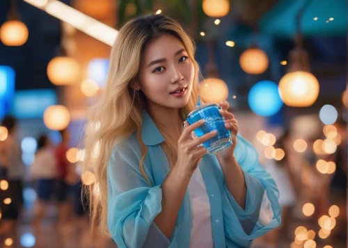 bluebottle,background bokeh,uji,blonde girl with christmas gift,sip,bokeh effect,neon light drinks,pocari sweat,holding cup,blue background,bokeh lights,drinking bottle,drinking glass,have a drink,blue color,tea-lights,photo session at night,neon drinks,drinking water,bokeh,Photography,General,Commercial