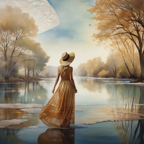 fantasy picture,fantasy art,girl on the river,world digital painting,mystical portrait of a girl,girl in a long dress,oil painting on canvas,the blonde in the river,idyll,heliosphere,art painting,mother earth,spring equinox,autumn idyll,dreamland,blue moon rose,photomanipulation,swan lake,fineart,yellow sun hat,Photography,Artistic Photography,Artistic Photography 14