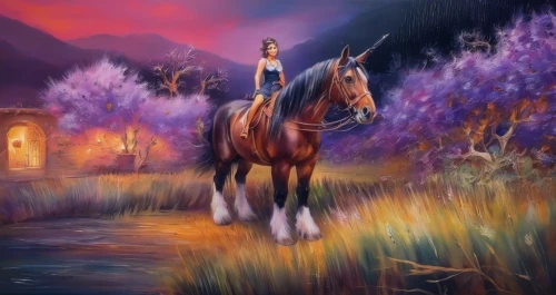 fantasy picture,purple landscape,horseback,arabian horse,fantasy art,equestrian,colorful horse,equine,horseback riding,man and horses,painted horse,horseman,equestrianism,horse herder,equitation,dream horse,unicorn background,mountain spirit,fantasy landscape,horse riding,Illustration,Paper based,Paper Based 04