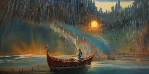 fantasy picture,fantasy landscape,boat landscape,world digital painting,fantasy art,adrift,canoe,shipwreck,sailing-boat,the carnival of venice,long-tail boat,fantasia,sea landscape,sailing boat,viking ship,gondolas,canoes,sea sailing ship,row boat,voyage,Illustration,Paper based,Paper Based 04