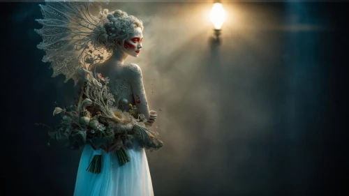 the angel with the veronica veil,light bearer,faery,dead bride,vintage angel,baroque angel,angel,fairy queen,angel of death,feather headdress,fairy peacock,faerie,the snow queen,headdress,conceptual photography,fairy,angel wings,fallen angel,angel figure,angel girl