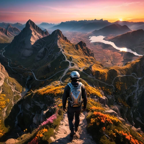 mountain guide,alpine crossing,mountain sunrise,mountain hiking,paraglider sunset,hiking equipment,alpine sunset,high-altitude mountain tour,high alps,landscape background,mountain world,hiker,backpacking,alpine route,the wanderer,wanderer,nepal,autumn mountains,digital nomads,mountain paraglider,Photography,General,Sci-Fi
