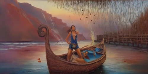 moana,girl on the boat,indigenous painting,pocahontas,dugout canoe,canoe,boat landscape,canoes,fantasy picture,paddler,oil painting on canvas,world digital painting,man at the sea,longship,shamanic,paddle board,pachamama,indian art,girl on the river,fantasy art,Illustration,Paper based,Paper Based 04
