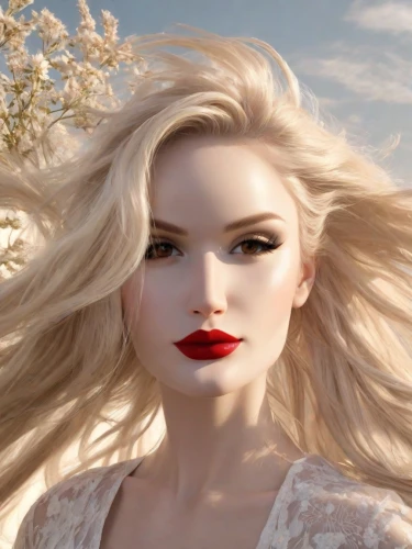 artificial hair integrations,white rose snow queen,blonde woman,natural cosmetic,lace wig,white lady,the blonde in the river,jessamine,natural color,burning hair,blonde girl,rose white and red,cool blonde,romantic look,realdoll,white beauty,pale,red lips,blond girl,fluttering hair,Photography,Realistic