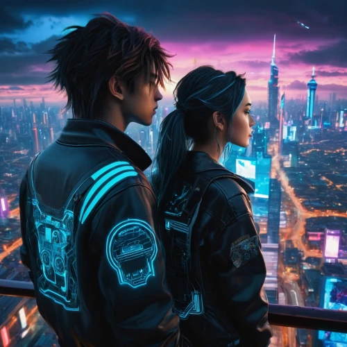 cyberpunk,above the city,cg artwork,dusk background,jacket,sci fiction illustration,tokyo city,dusk,futuristic,dystopian,taipei,valerian,city youth,city lights,shanghai,tokyo,cityscape,couple goal,travelers,sky city,Photography,General,Fantasy