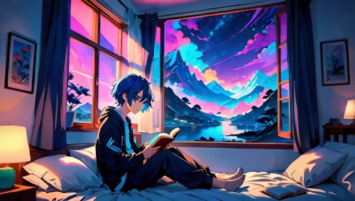 blue room,blue pillow,bedroom window,cold room,winter dream,room,sleeping room,relaxing reading,dream world,starry sky,romantic night,night sky,reading,blue painting,evening atmosphere,the night sky,nightsky,dreaming,girl studying,sky apartment