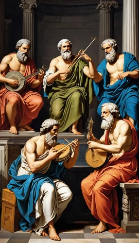 school of athens,the death of socrates,classical antiquity,musicians,pythagoras,trumpet of jericho,apollo and the muses,apollo hylates,meticulous painting,lampides,biblical narrative characters,plucked string instruments,the local administration of mastery,disciples,greek mythology,thymelicus,socrates,ancient art,geocentric,classical music,Art,Classical Oil Painting,Classical Oil Painting 02