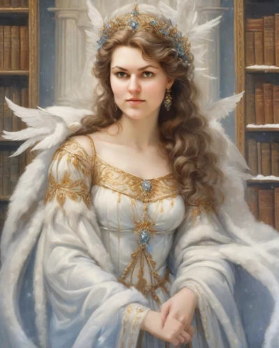 the angel with the veronica veil,baroque angel,mystical portrait of a girl,fantasy portrait,the snow queen,the prophet mary,priestess,angel,portrait of a girl,vintage angel,emile vernon,joan of arc,angelic,white rose snow queen,archangel,angel moroni,goddess of justice,bouguereau,artemisia,gothic portrait,Digital Art,Classicism