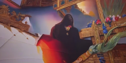 aladdin,baron munchausen,archimandrite,dali,church painting,theater curtain,el salvador dali,flying carpet,stage curtain,3d crow,universal exhibition of paris,the carnival of venice,meticulous painting,hieromonk,rasputin,altar clip,saint nicolas,hanging temple,the ceiling,3d albhabet,Illustration,Paper based,Paper Based 04