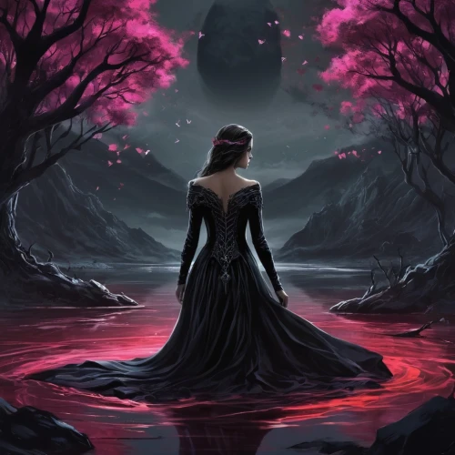 mourning swan,seerose,dark pink,dark pink in colour,fantasy picture,fallen petals,way of the roses,deep pink,rusalka,queen of the night,rosa ' amber cover,black rose,gothic woman,dark art,scent of roses,gothic dress,lady of the night,black swan,fantasia,landscape rose,Conceptual Art,Fantasy,Fantasy 34