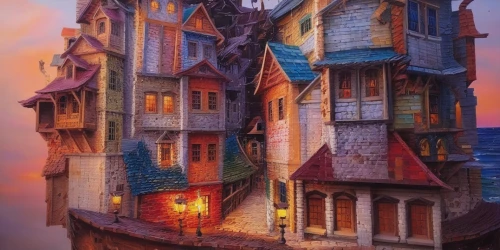 fairy tale castle,fairytale castle,3d fantasy,fantasy city,crooked house,medieval architecture,rapunzel,medieval town,fantasy picture,witch's house,knight's castle,fantasy art,crispy house,gold castle,medieval castle,fantasy landscape,hanging houses,water castle,castle of the corvin,apartment house,Illustration,Paper based,Paper Based 04