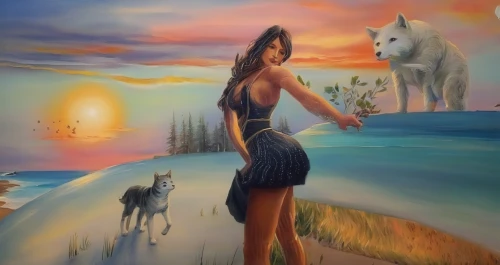 girl with dog,indigenous painting,fantasy art,fantasy picture,art painting,kelpie,oil painting on canvas,shamanic,shamanism,oil painting,world digital painting,girl with a dolphin,howling wolf,photo painting,girl on the dune,woman walking,landscape background,surrealism,girl walking away,native american indian dog,Illustration,Paper based,Paper Based 04