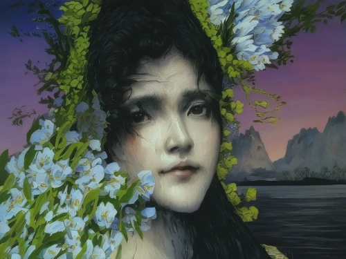 girl in flowers,chinese art,amano,jasmine blossom,fantasy portrait,mystical portrait of a girl,oriental painting,lilac blossom,japanese art,han thom,yi sun sin,flora,芦ﾉ湖,rusalka,rou jia mo,elven flower,luo han guo,vietnamese woman,beautiful girl with flowers,oriental princess,Illustration,Japanese style,Japanese Style 18