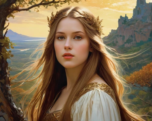 fantasy portrait,mystical portrait of a girl,elven,fantasy art,celtic queen,romantic portrait,fantasy picture,jessamine,rapunzel,heroic fantasy,golden crown,fantasy woman,portrait of a girl,fairy tale character,the enchantress,portrait background,girl portrait,young woman,priestess,faerie,Conceptual Art,Fantasy,Fantasy 05