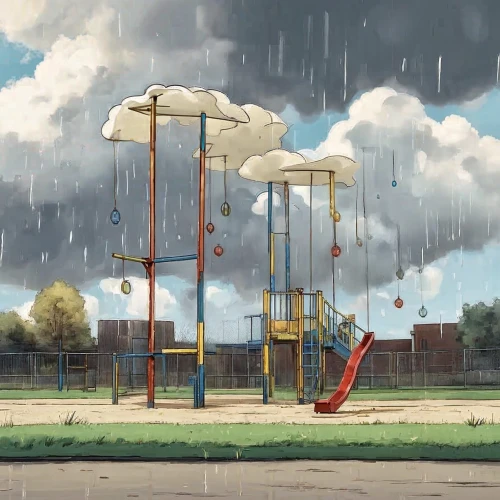 empty swing,swing set,rain field,rain shower,rain clouds,rain cloud,playground,rain,raining,umbrellas,cloudburst,huge umbrellas,raincloud,rainy,children's playground,recess,telephone poles,rains,after rain,amusement park