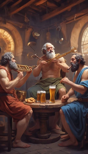 gnomes at table,school of athens,tavern,arm wrestling,rotglühender poker,drinking establishment,drinking party,the death of socrates,pub,wise men,dwarves,greek gods figures,game illustration,biblical narrative characters,greek mythology,brewery,three wise men,the production of the beer,beer match,the three wise men,Conceptual Art,Fantasy,Fantasy 01