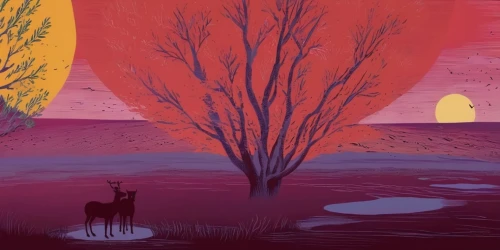 deer silhouette,animal silhouettes,swampy landscape,purple landscape,deer illustration,pere davids deer,feist,cowboy silhouettes,cartoon forest,two wolves,saturated colors,red tree,forest animals,deciduous forest,hunting scene,deers,background image,man and horses,sewing silhouettes,acid lake,Illustration,American Style,American Style 12