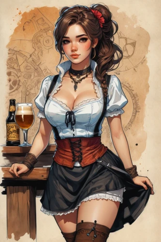 barmaid,bavarian,oktoberfest,bartender,oktoberfest background,waitress,oktoberfest celebrations,steampunk,victorian lady,maid,bavarian swabia,pub,barista,draft beer,irish coffee,red breast,victorian style,milkmaid,paulaner hefeweizen,glasses of beer,Illustration,Paper based,Paper Based 07