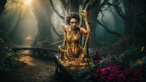 ballerina in the woods,dryad,the enchantress,faery,faerie,girl with tree,photomanipulation,photo manipulation,mystical portrait of a girl,fantasy picture,african woman,fae,enchanted forest,fairy forest,fairy queen,photoshop manipulation,sorceress,conceptual photography,fantasy woman,girl in a long dress