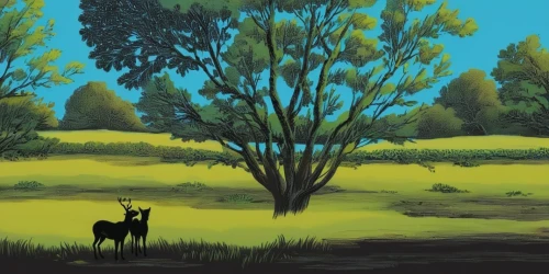 olive grove,deer illustration,argan tree,pasture,argan trees,deer silhouette,forest background,deer drawing,golf course background,olive tree,landscape background,cartoon video game background,cartoon forest,deers,colored pencil background,altiplano,brown tree,yellow grass,savanna,forest tree,Illustration,American Style,American Style 12
