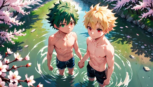 spring background,creek,springtime background,summer background,kawaii people swimming,blossoms,spring blossoms,hand in hand,holding hands,flower water,green summer,girl and boy outdoor,boruto,summer day,hot spring,green water,playing outdoors,twin flowers,childhood friends,falling flowers,Anime,Anime,Realistic