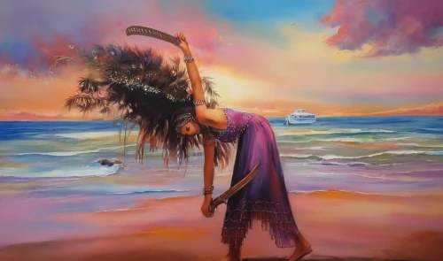 girl on the dune,indigenous painting,oil painting on canvas,oil painting,boho art,shamanism,shamanic,art painting,the wind from the sea,girl with tree,oil on canvas,beach landscape,woman playing,sea breeze,warrior woman,woman hanging clothes,little girl in wind,woman walking,girl walking away,girl in a long dress,Illustration,Paper based,Paper Based 04