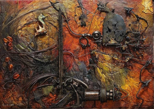 rusty door,skeleton key,iron door,compound bow,door lock,corrosion,steel door,metal rust,rusty chain,oil painting on canvas,meat grinder,key-hole captain,rusting,rusted,oil on canvas,key hole,door key,metallic door,kitchen sink,metal gate,Illustration,Abstract Fantasy,Abstract Fantasy 18