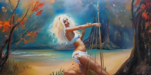 fantasy art,oil painting,the blonde in the river,oil painting on canvas,fantasy picture,water nymph,girl on the river,art painting,faerie,oil on canvas,oil paint,dryad,rusalka,fantasy woman,woman playing,faun,girl with tree,siren,faery,the enchantress,Illustration,Paper based,Paper Based 04