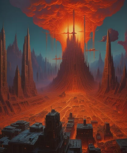 fantasy city,futuristic landscape,city in flames,sci fiction illustration,scorched earth,post-apocalyptic landscape,ancient city,alien planet,alien world,fire planet,fantasy landscape,destroyed city,red planet,volcanic field,metropolis,burning earth,monolith,dystopian,apocalyptic,necropolis,Conceptual Art,Fantasy,Fantasy 01